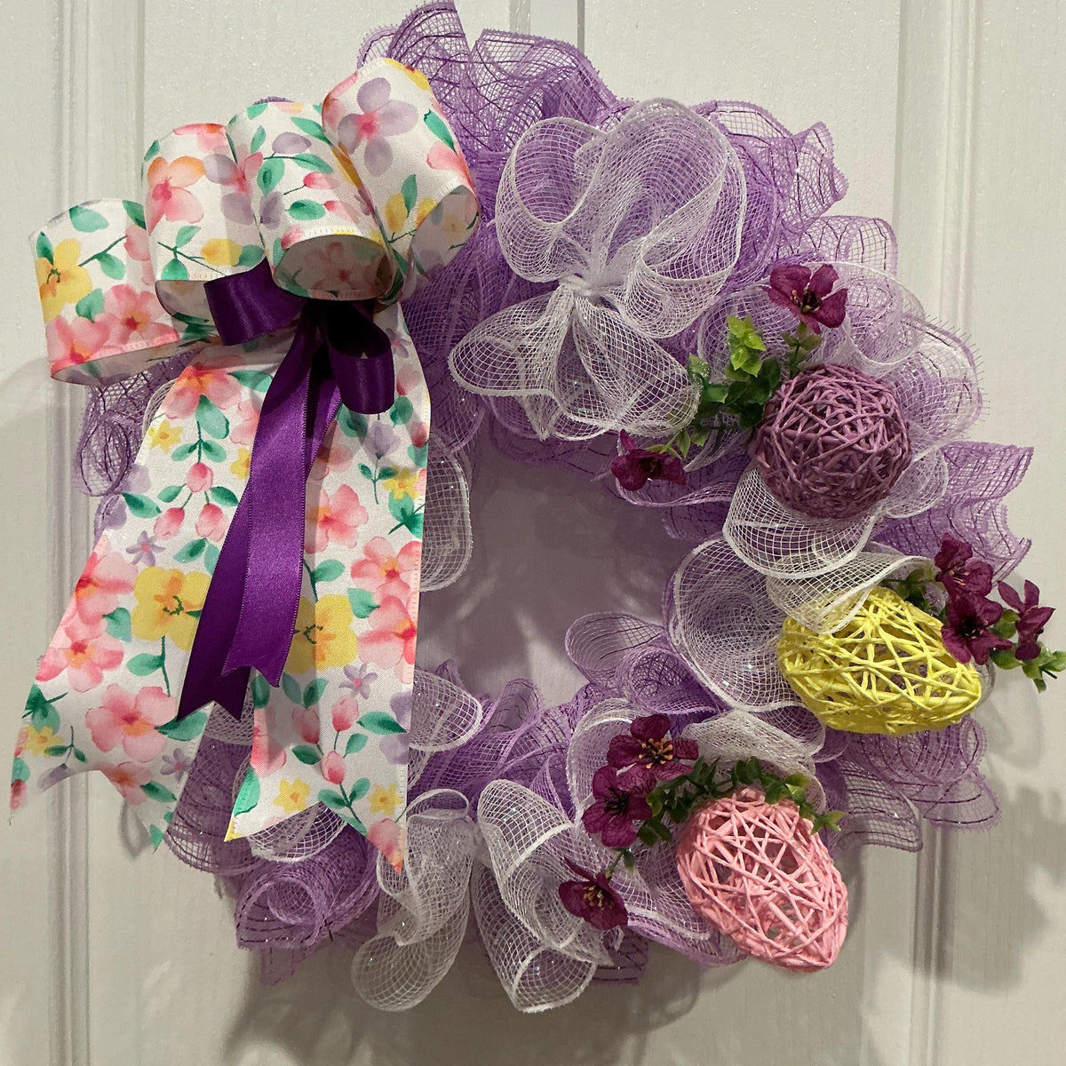 Purple Easter Wreath, Floral Bow, Spring Door Decor, 14 inch