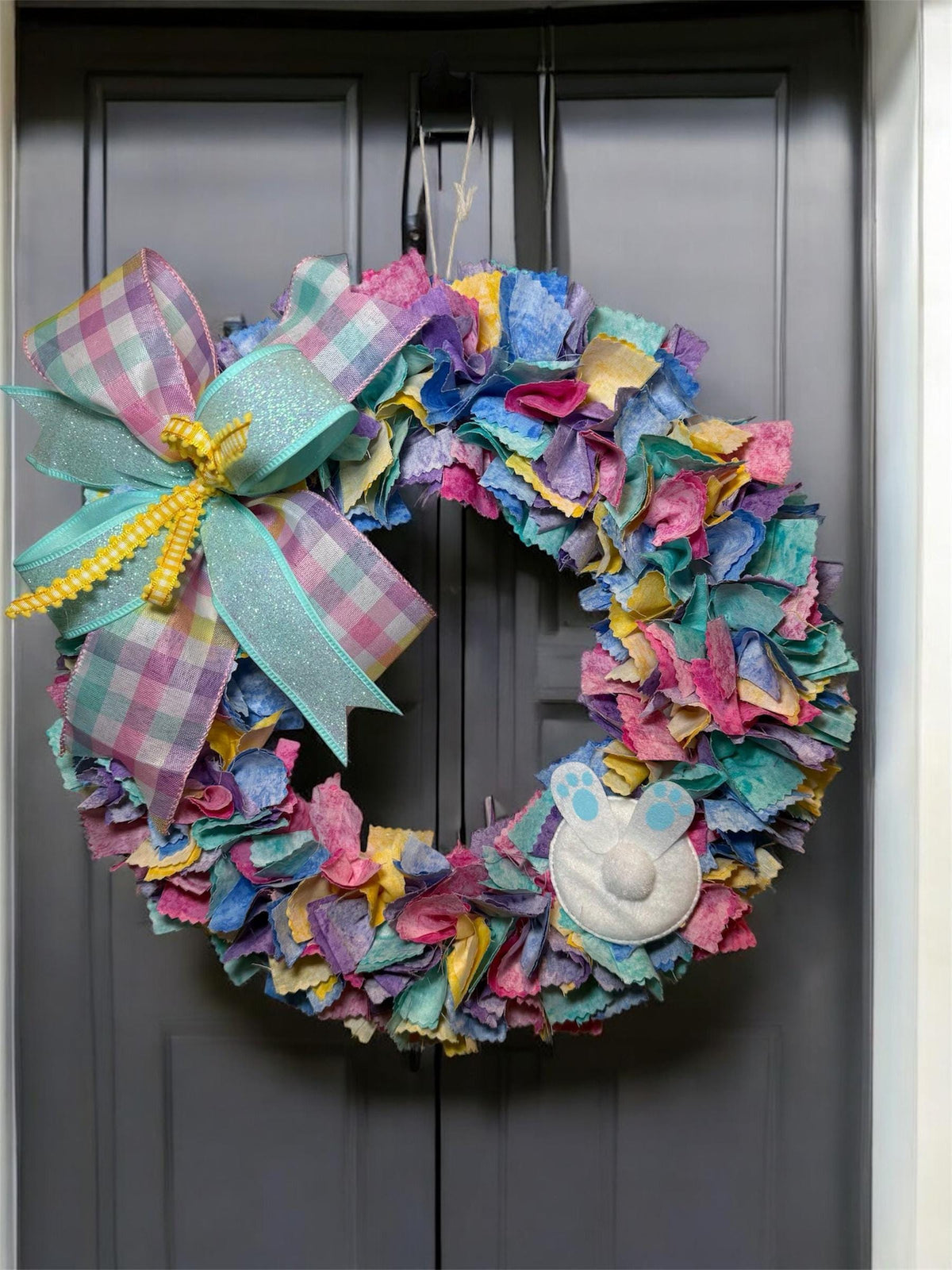 Handcrafted Pastel Rag Wreath, Easter Bunny, Spring Farmhouse Decor