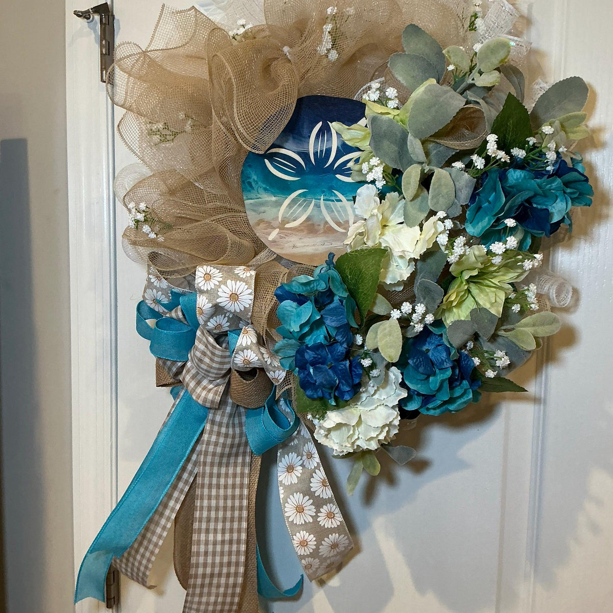 Coastal Sand Dollar Wreath, Blue Teal Hydrangea Beach Decor, Lambs Ear Summer Wreath