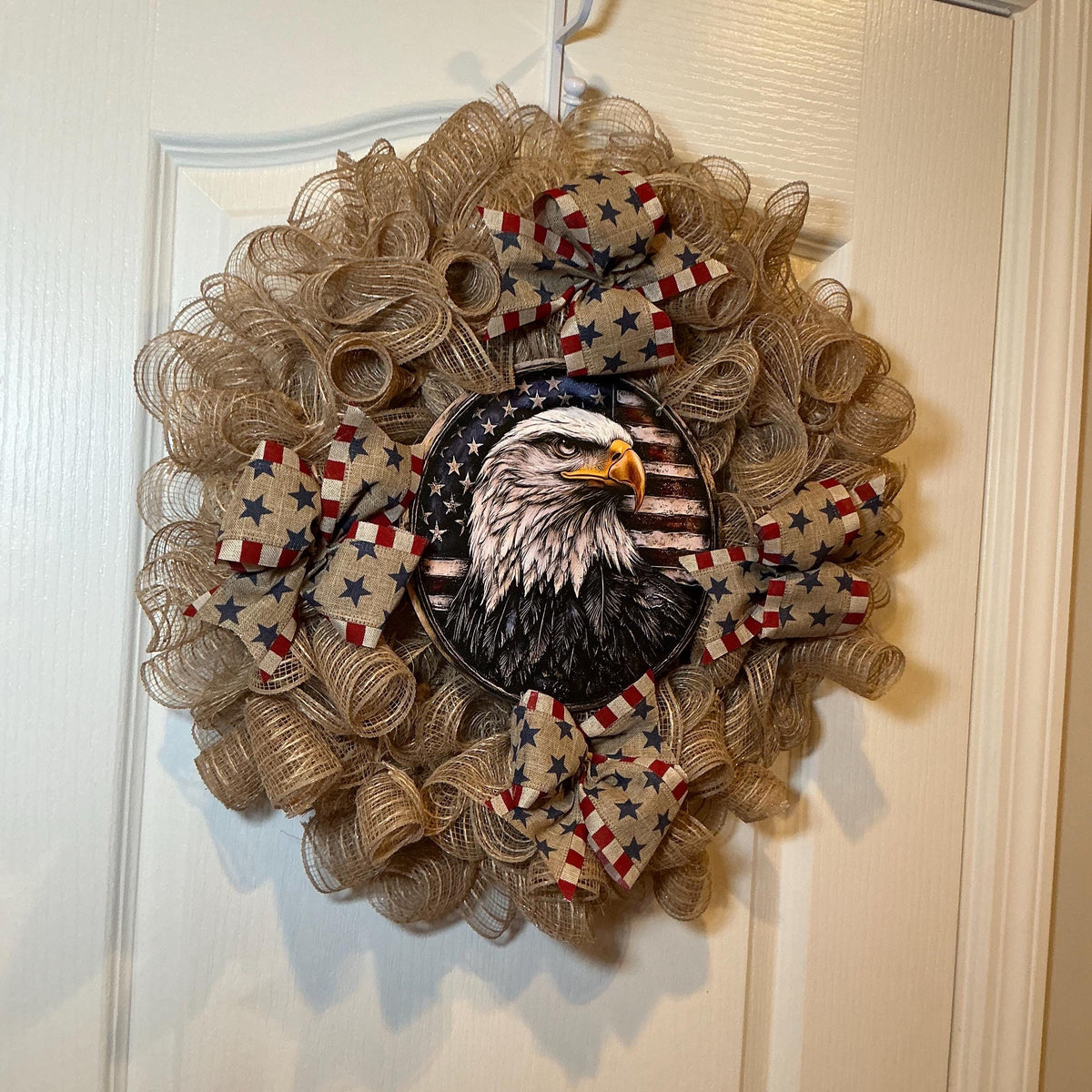 Eagle Portrait Medallion Wreath, Farmhouse Burlap Americana, Fourth of July American Flag Decor