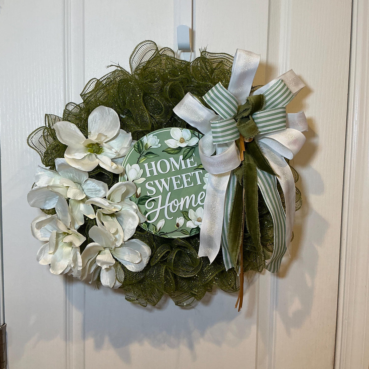 14 Inch White Magnolia Home Sweet Home Wreath, Farmhouse Front Door Decor