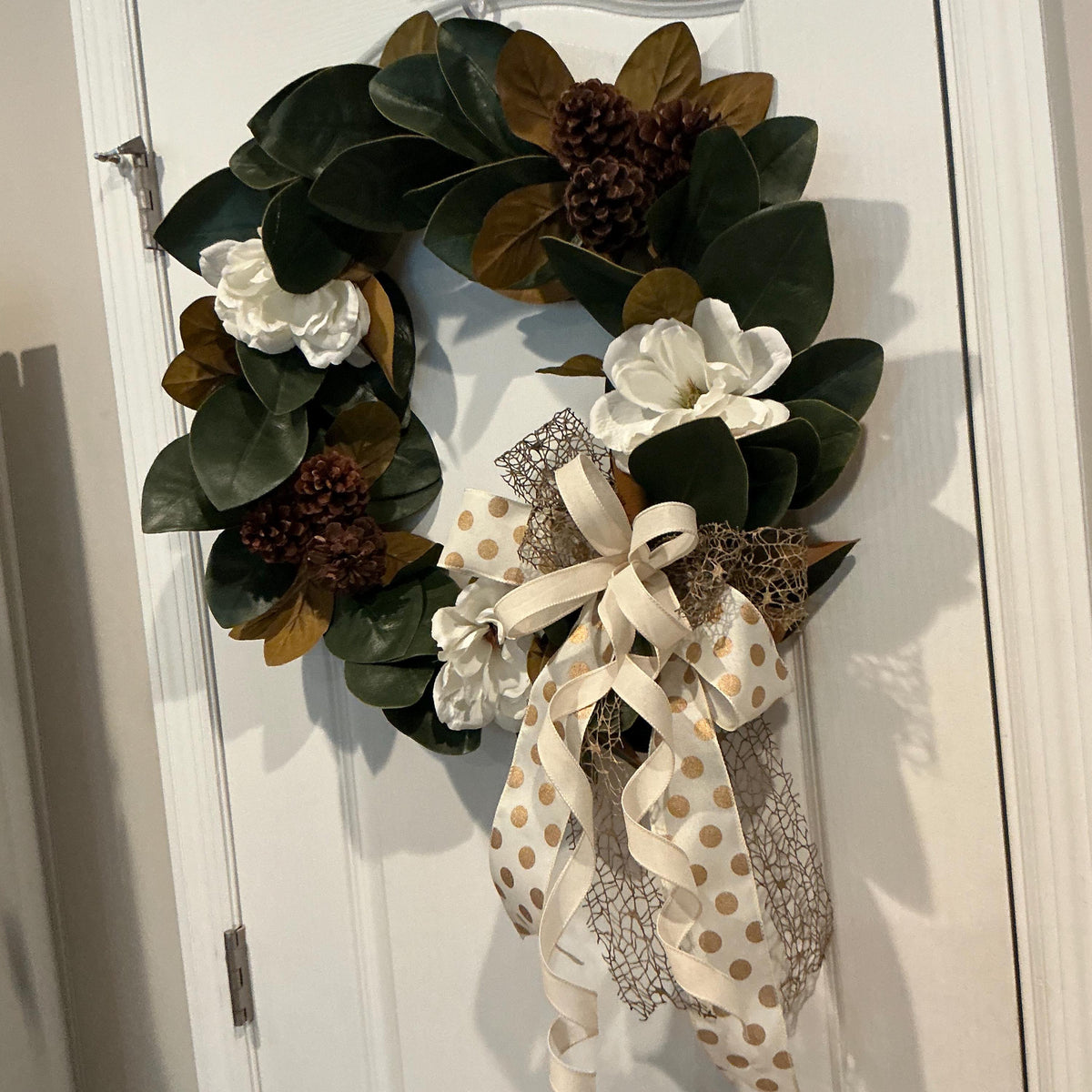 Magnolia Farmhouse Wreath, Everyday Front Door Decor, White Floral Pinecone Wreath, Rustic Year Round Accent, 18 Inch Door Wreath