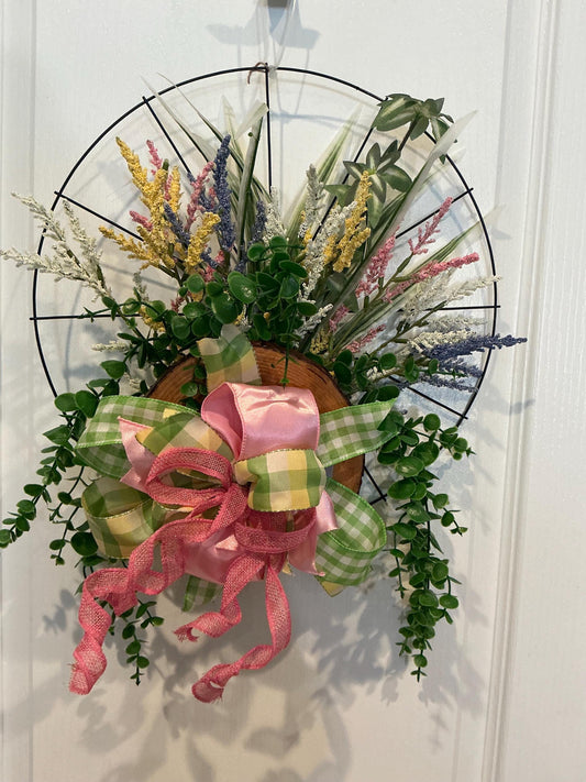 Wildflower Hoop Wreath, Pink Yellow Lavender Floral Door Decor, 12 Inch Cottage Accent