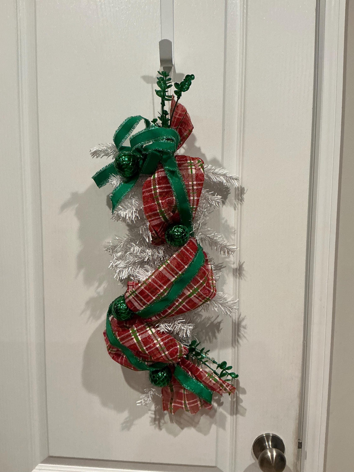 Red Plaid Spiral Christmas Tree Door Swag, Glitter Berry Accents, Green Ribbon Bow
