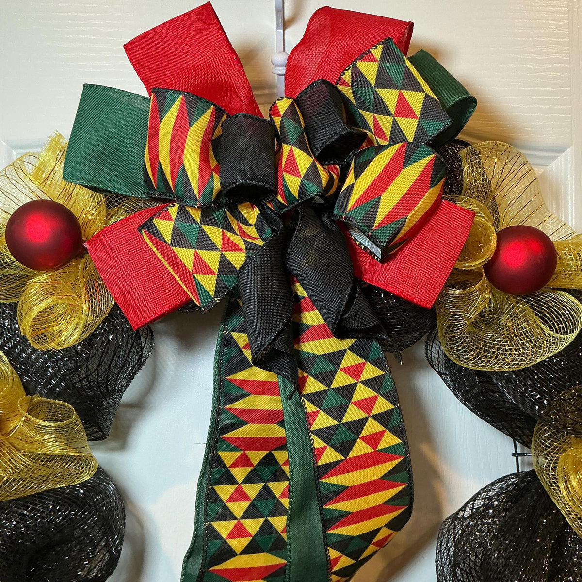 Juneteenth Wreath Black Gold Deco Mesh, Kente Print Bow Wreath, African American Door Wreath, Juneteenth Decor, Handmade Freedom Day Wreath