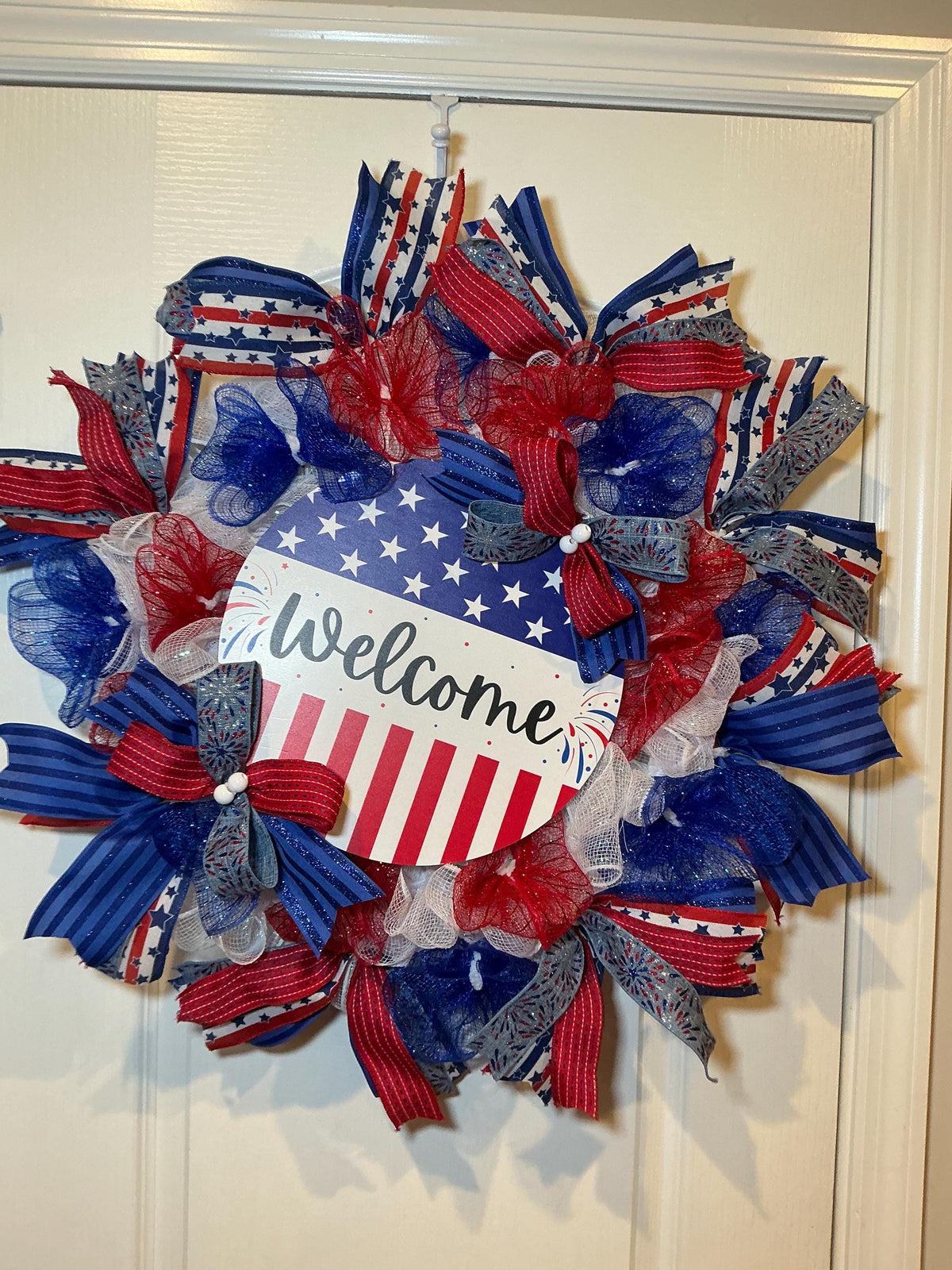 Handmade Americana Wreath, American Flag Welcome Sign, Red White Blue Decor
