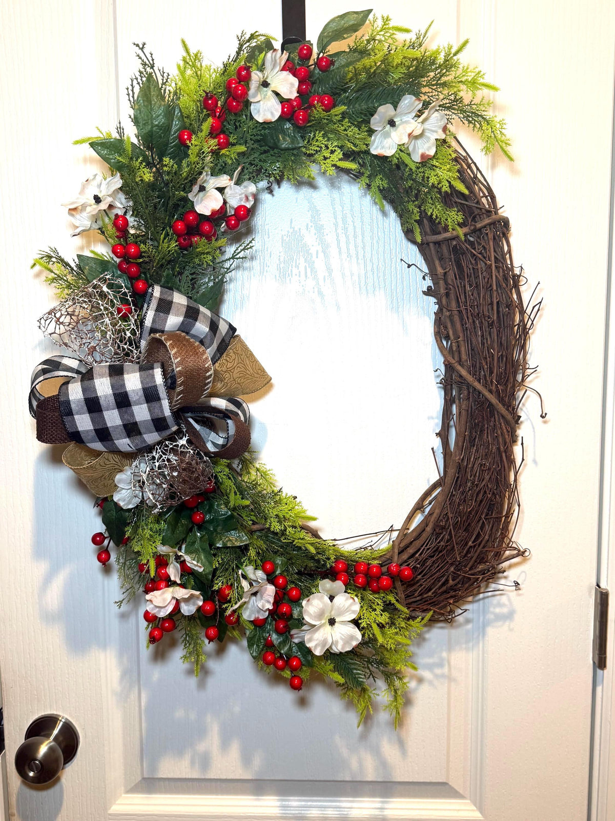 Farmhouse Grapevine Wreath, Red Berry Dogwood Blossom, Buffalo Plaid Bow Decor