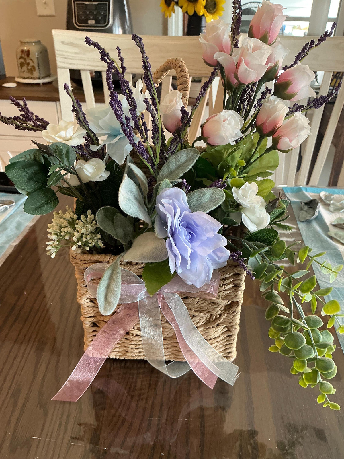 Pink Rose Lavender Centerpiece, Wicker Basket Floral Arrangement, Periwinkle Hydrangea, Farmhouse Table Decor