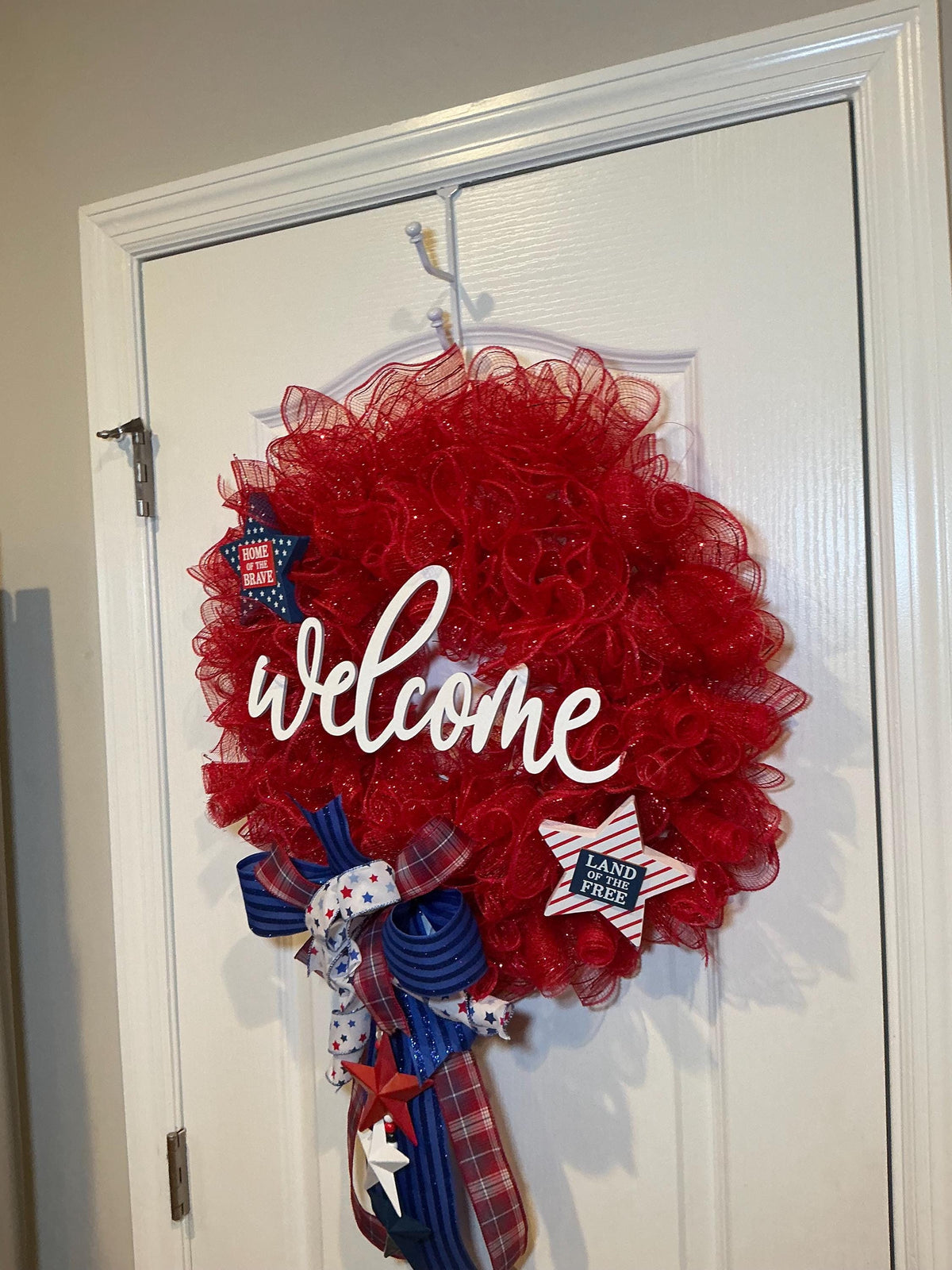 Deco Mesh Welcome Wreath, Home of the Brave Star Decor, Red White Blue Front Door, Land of the Free, Fourth of July Handmade NC