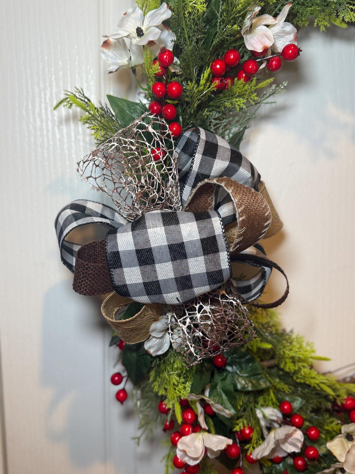 Farmhouse Grapevine Wreath, Red Berry Dogwood Blossom, Buffalo Plaid Bow Decor