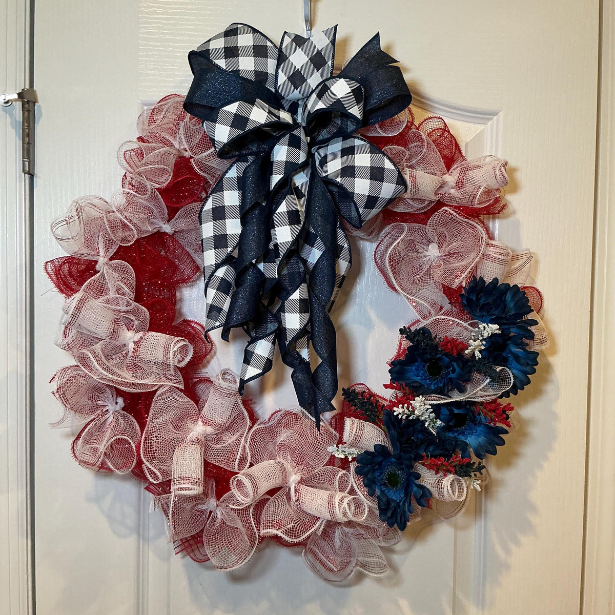 Buffalo Check Bow Wreath, Navy Daisy Red White Blue Deco Mesh, Fourth of July Americana Decor