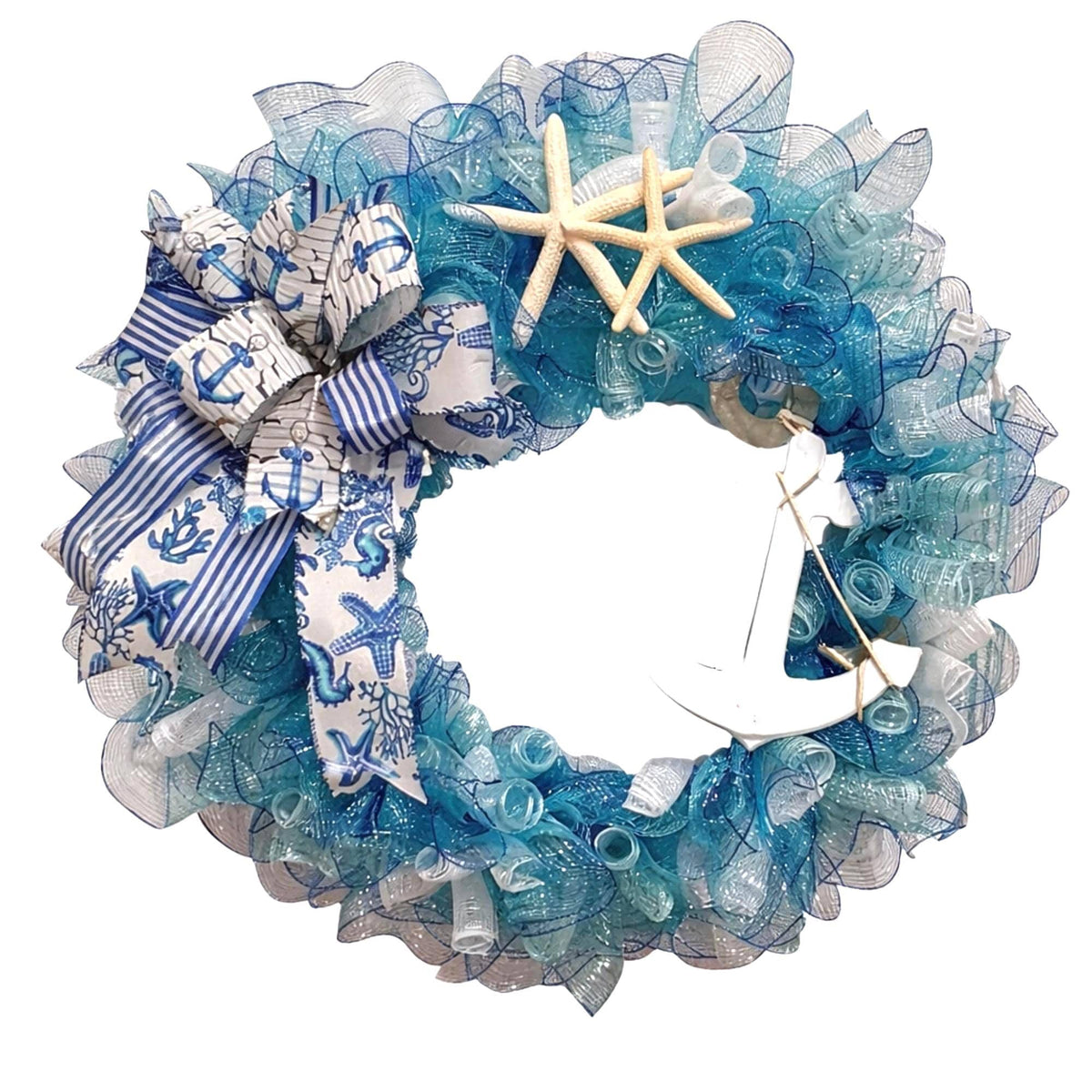 Nautical Anchor Door Wreath, Coastal Deco Mesh, Beach House Front Door Decor, Ocean Themed Porch Decor