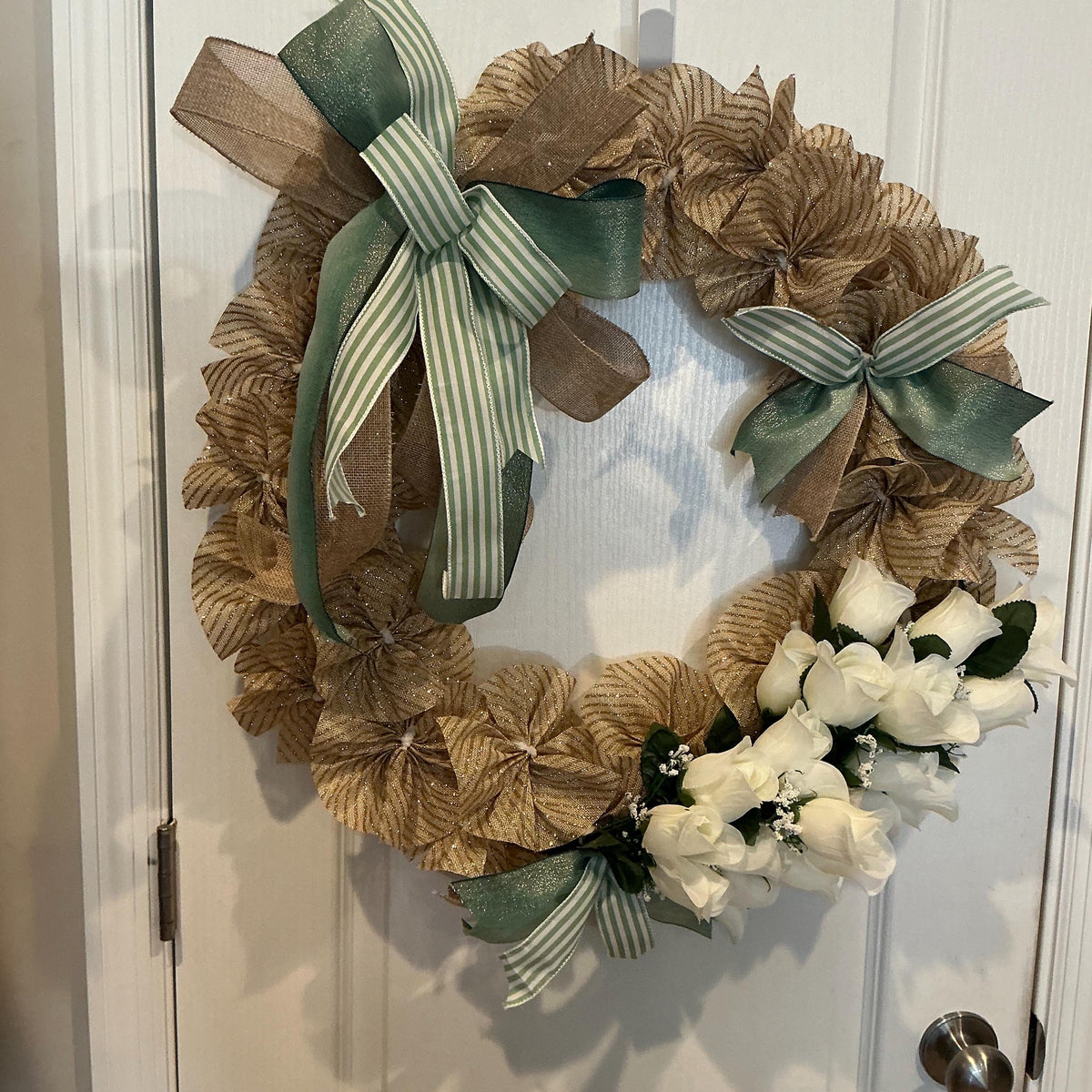 20 Inch Gold Burlap Rosette Wreath with White Roses and Sage Green Bow