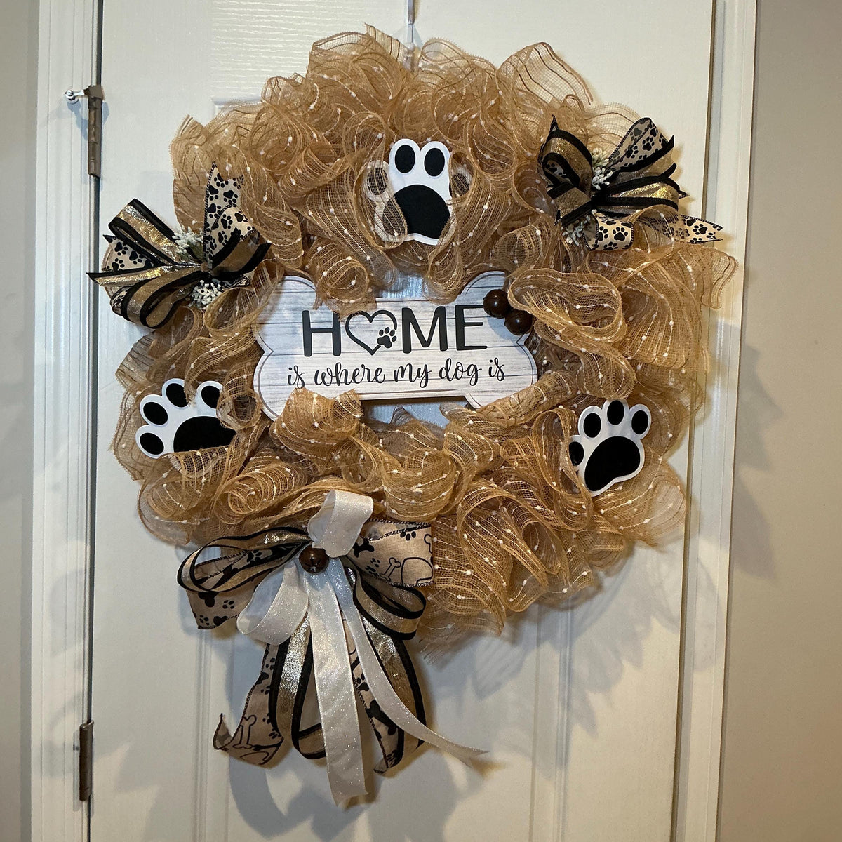 Home Is Where My Dog Is Wreath with Paw Prints, Farmhouse Dog Mom Door Decor