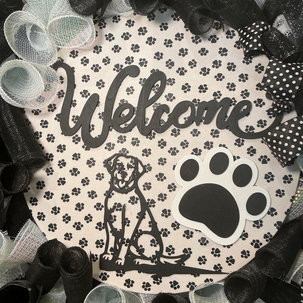 20 Inch Dog Welcome Wreath | Black White Paw Print | Farmhouse Pet Lover Wreath