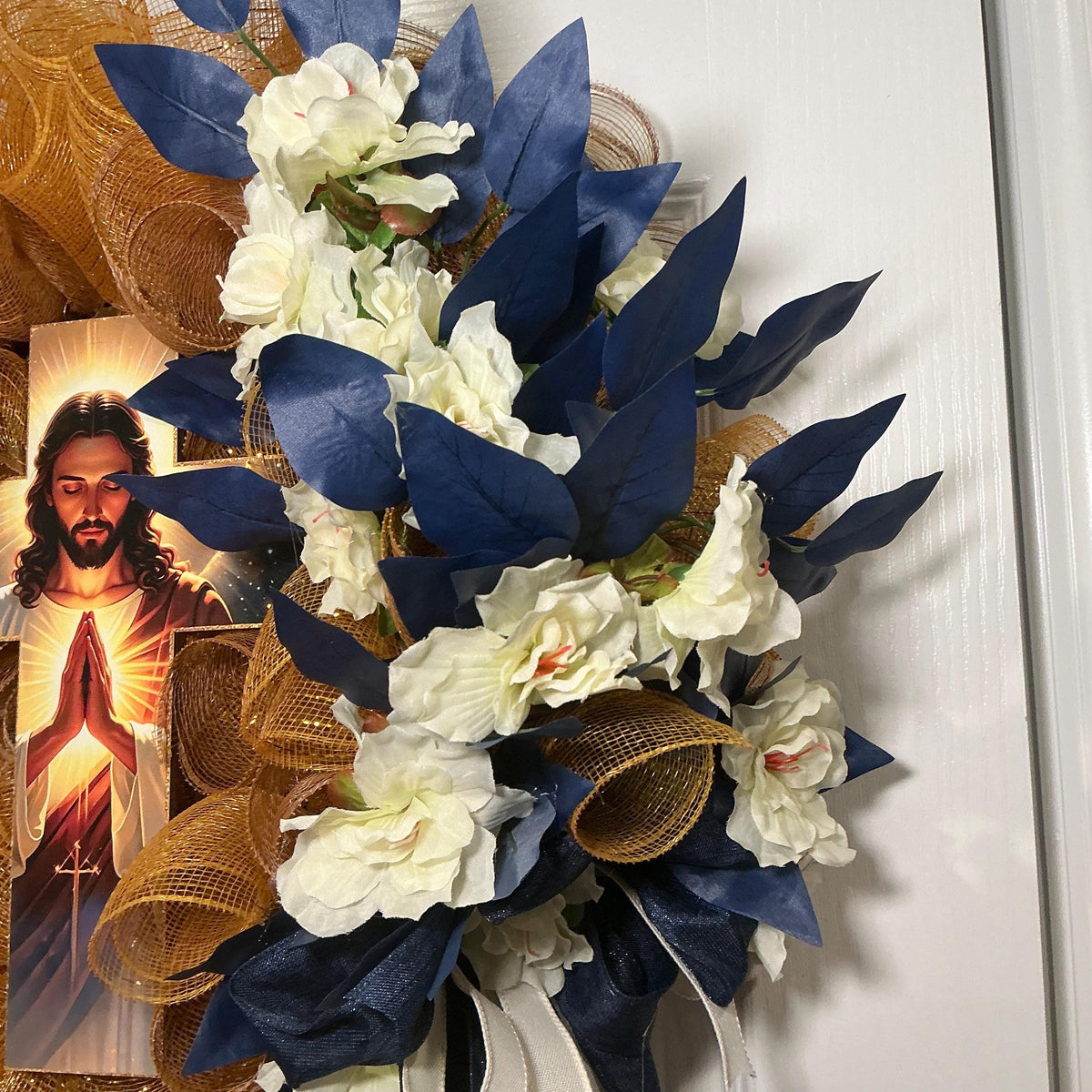 Sacred Heart of Jesus Wreath, Gold Mesh Cross Wreath, Navy Blue Religious Front Door Decor, Christian Faith Wreath, Catholic Gift Wreath