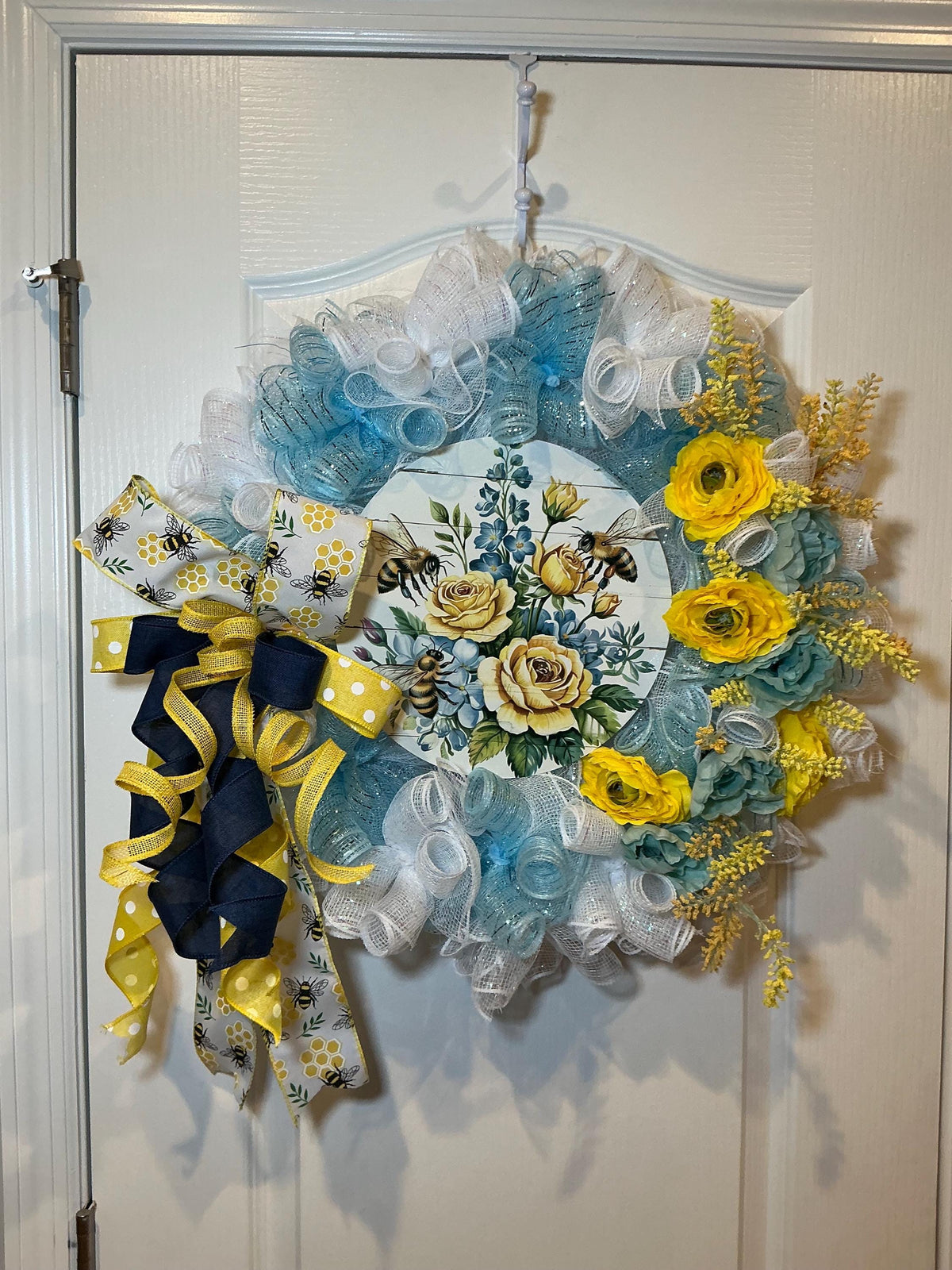 Bee Wreath for Front Door, Honeybee Floral Sign, Yellow Blue Summer Decor, Handmade