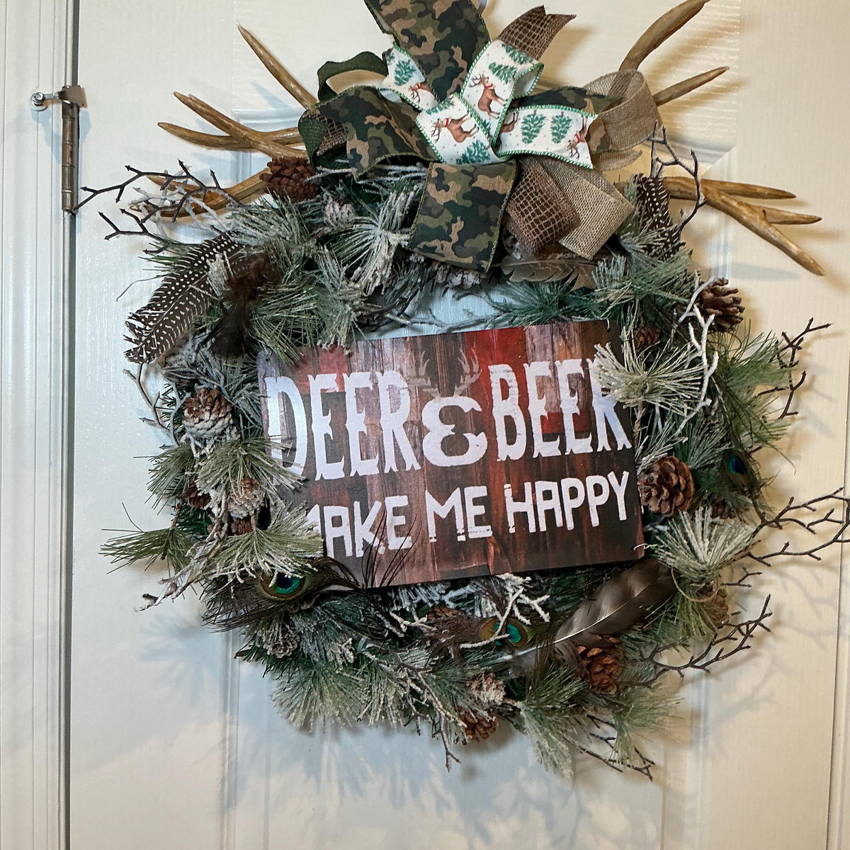 Deer and Beer Camo Wreath with Antlers, Hunter Man Cave Decor, Fathers Day Gift