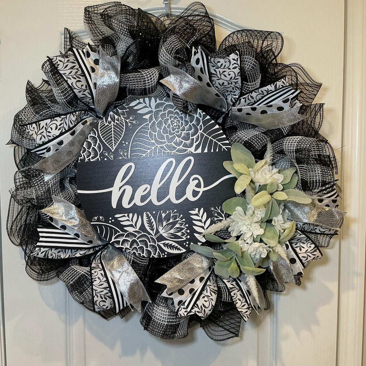 Black and White Hello Wreath with Silver Accents, Farmhouse Front Door Decor