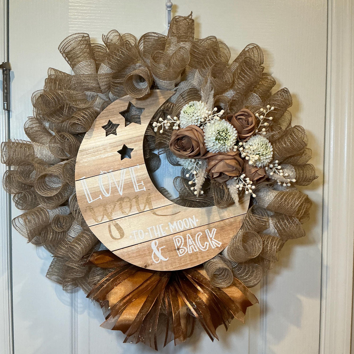 Love You to the Moon Wreath, Farmhouse Front Door Wreath, Burlap Wreath, Caramel Rose Wreath, Wood Moon Sign, Romantic Home Decor