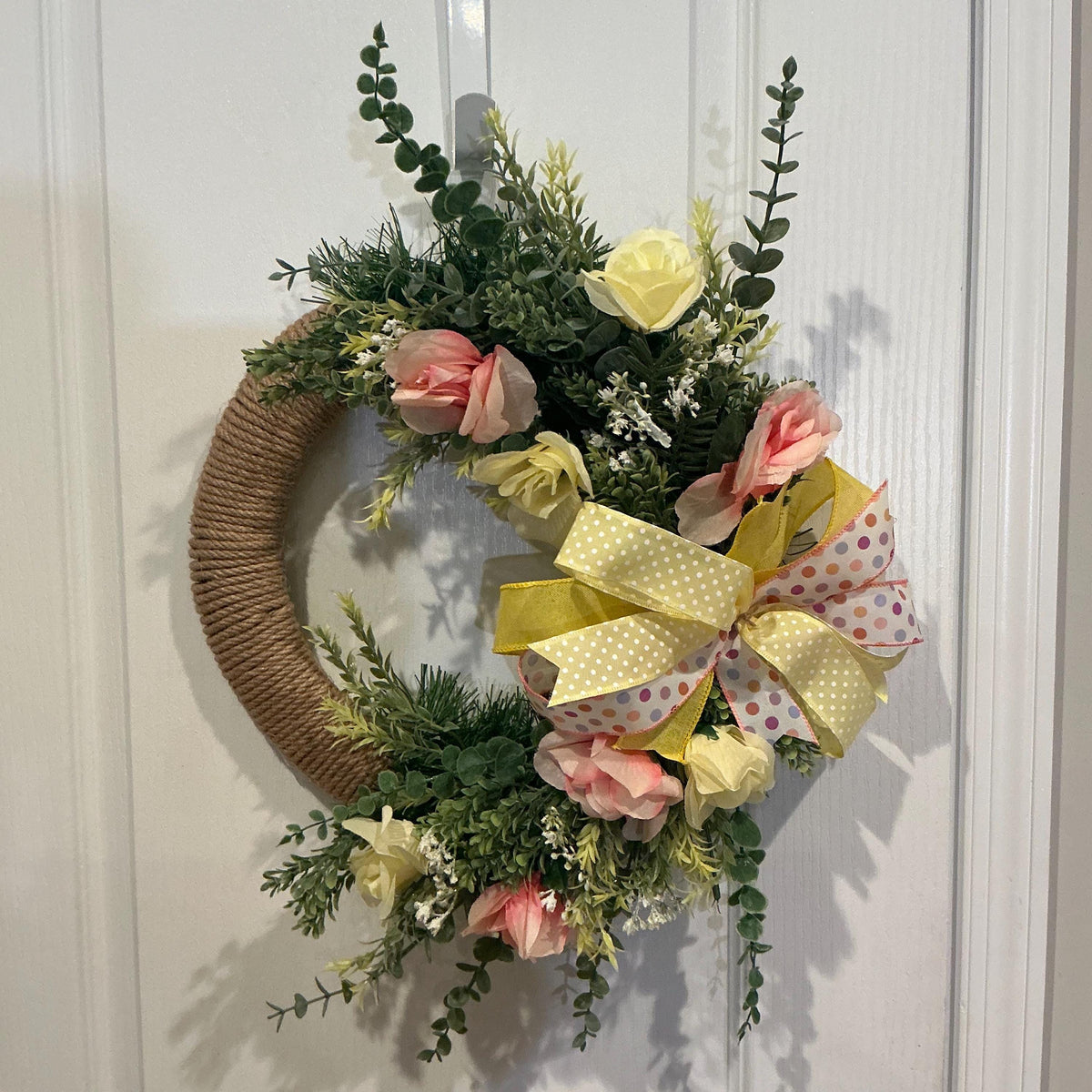 Handcrafted Jute Rope Wreath, Spring Peach Roses, Eucalyptus Greenery, Polka Dot Bow