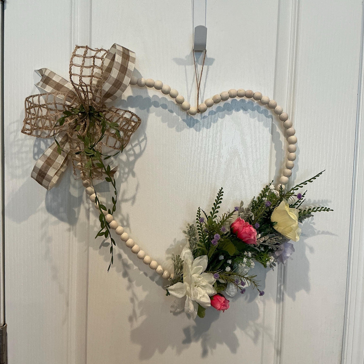 Handmade Heart Wreath, Wood Beads, Pastel Florals, Buffalo Plaid Bow, Farmhouse Door Hanger