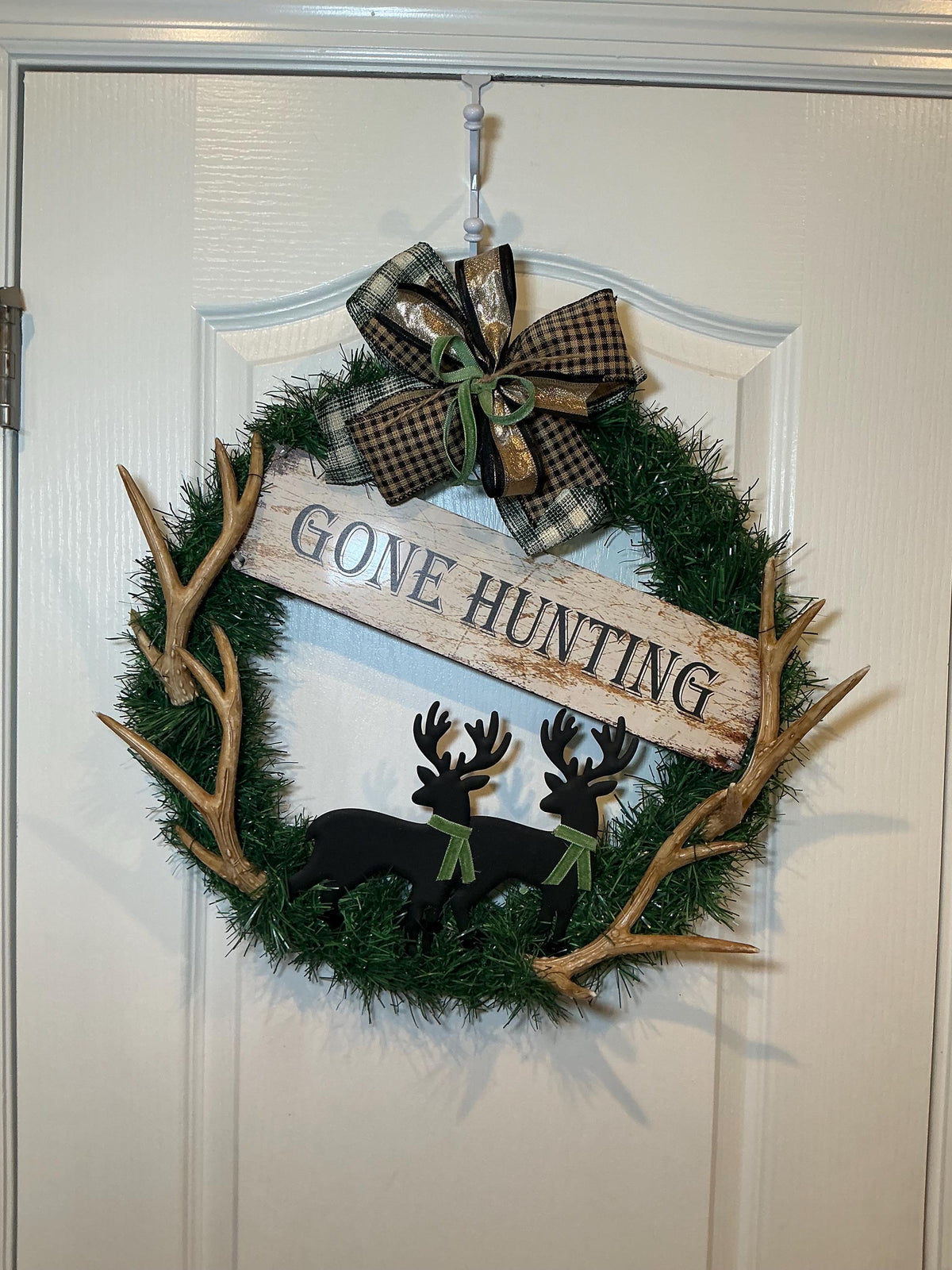 Gone Hunting Sign Wreath, Buck Silhouette Deer Man Cave Decor, Rustic Father’s Day Antler Gift