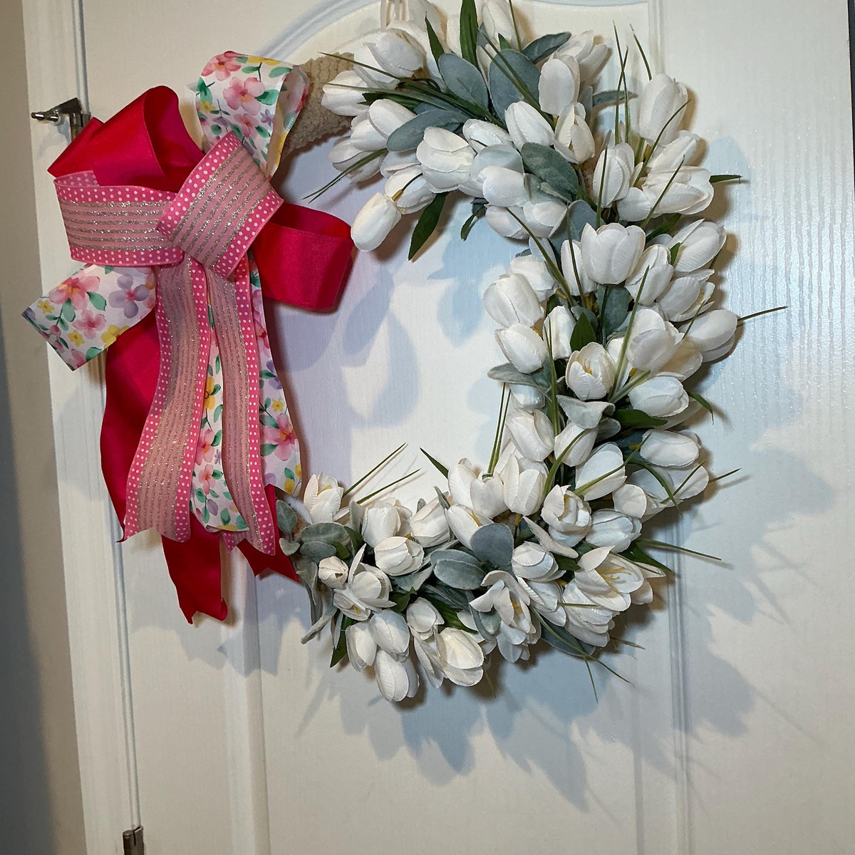 Front Door Wreath, White Tulip Design, Pink Bow Farmhouse Wreath, Floral Decor, Housewarming Gift, Handmade