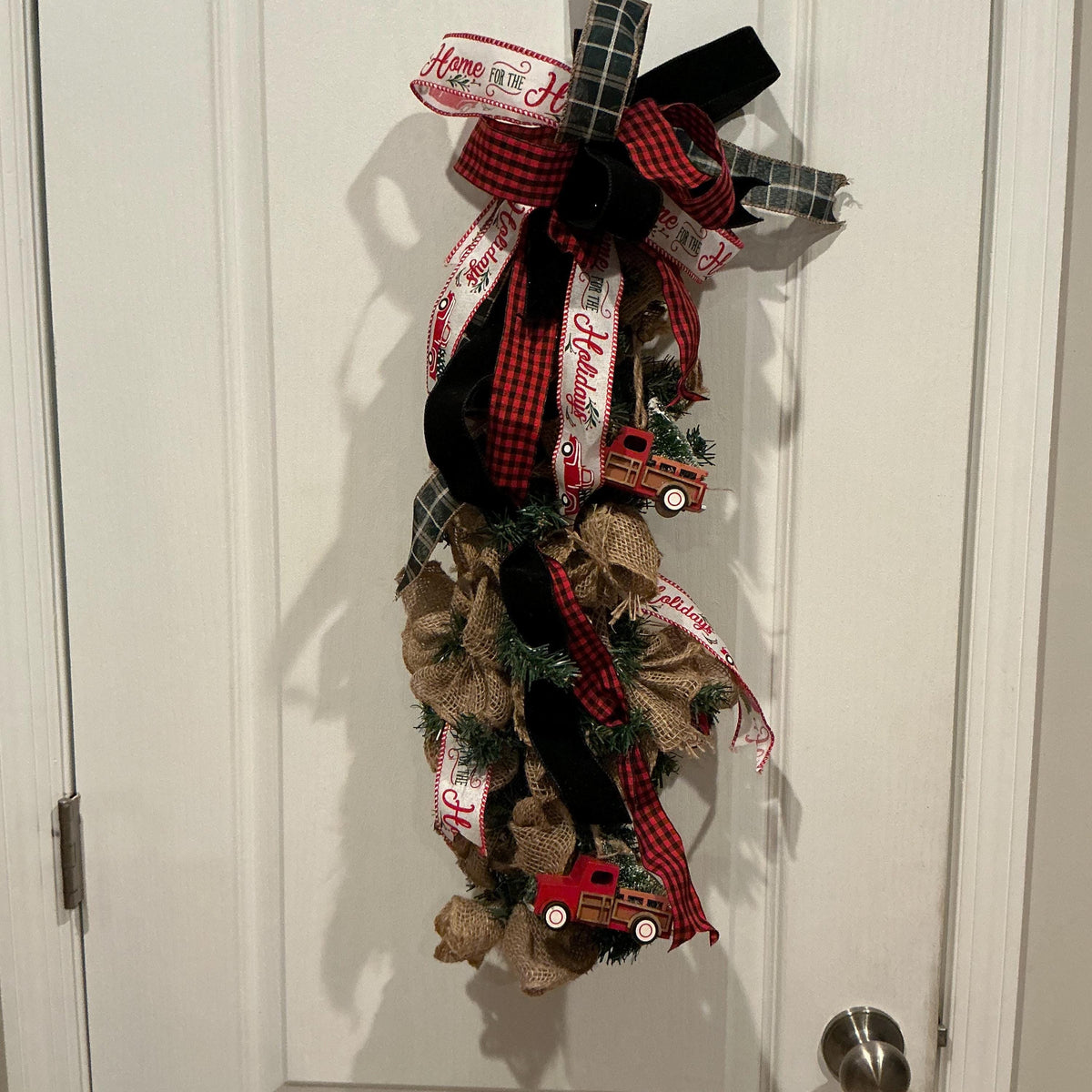 Farmhouse Christmas Swag, Burlap Red Truck, Buffalo Plaid Door Decor