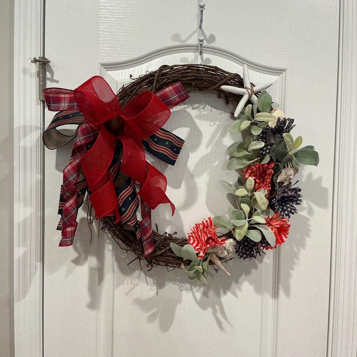 Grapevine Wreath, Patriotic Coastal Beach Decor, Seashells, Red Plaid Bow