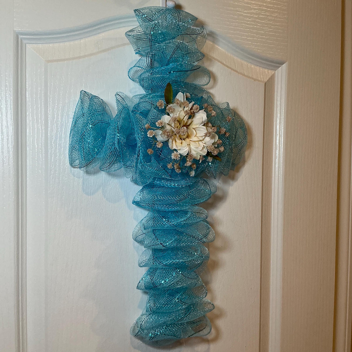 Sky Blue Cross, Ivory Floral Faith Decor, Handmade Church Door Wall Hanging