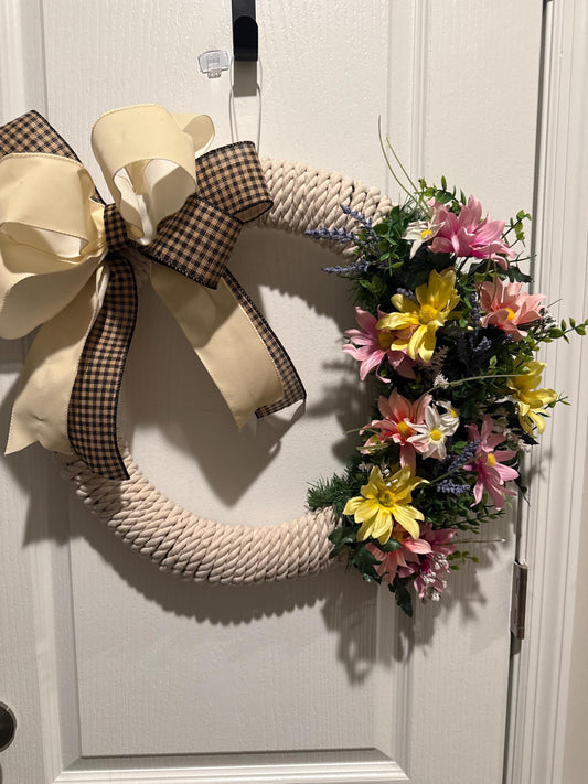 Cotton Rope Floral Wreath with Plaid Bow, Farmhouse Front Door Decor