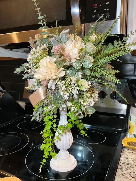 Floral Pedestal Arrangement, Cream Dahlias, Eucalyptus, Trailing Vine, Champagne Bow