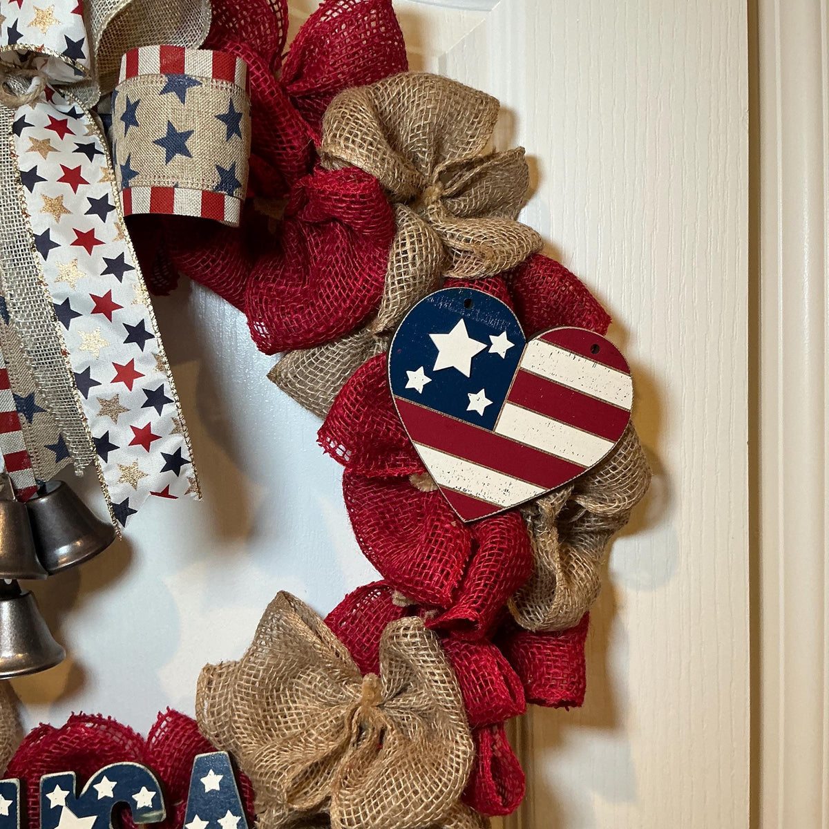 Rustic Burlap Bell Wreath, Star Heart Americana Decor, USA 250th Anniversary Red White Blue
