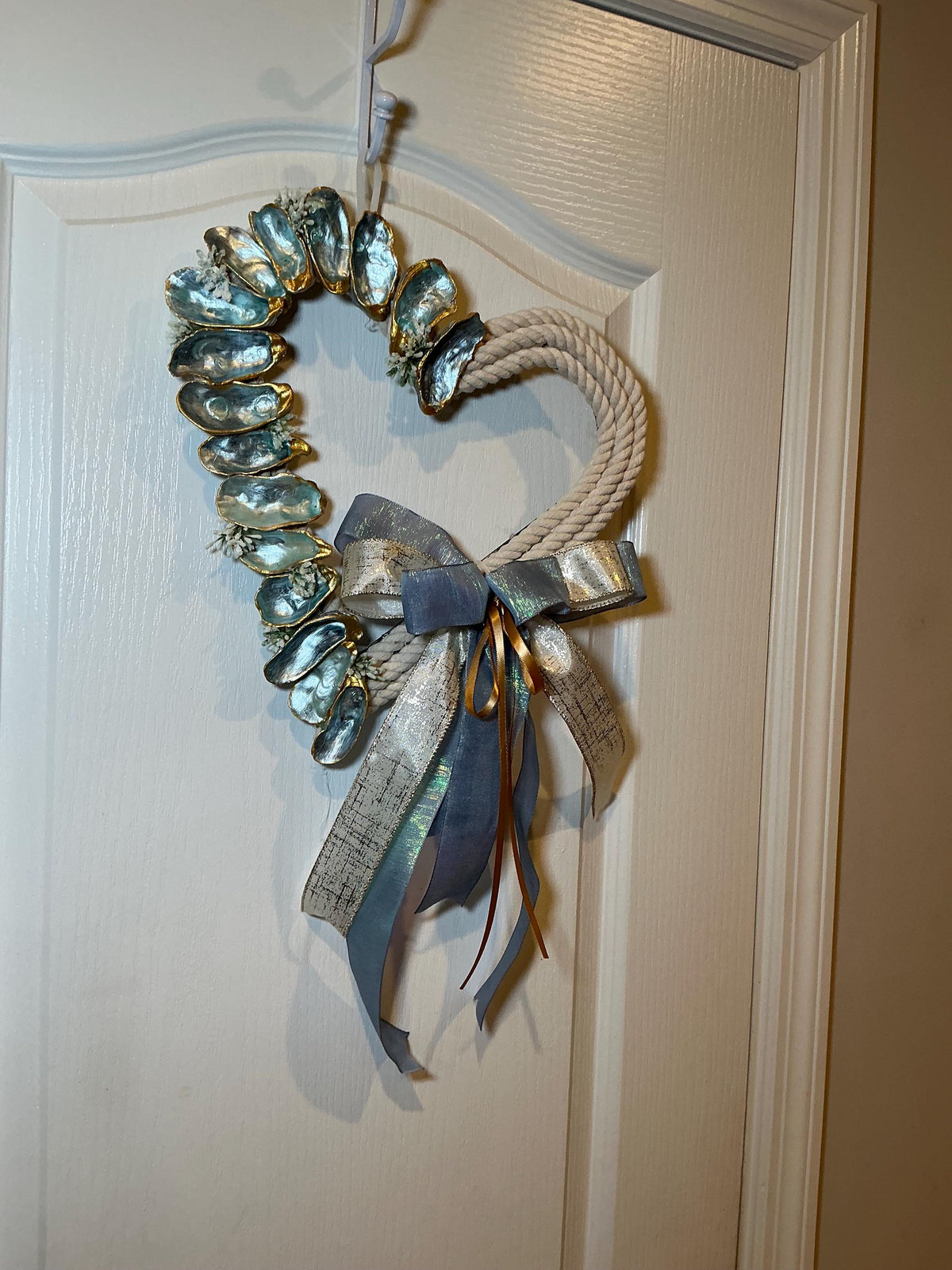 Heart Shaped Oyster Shell Wreath with Rope, Coastal Beach Wall Decor