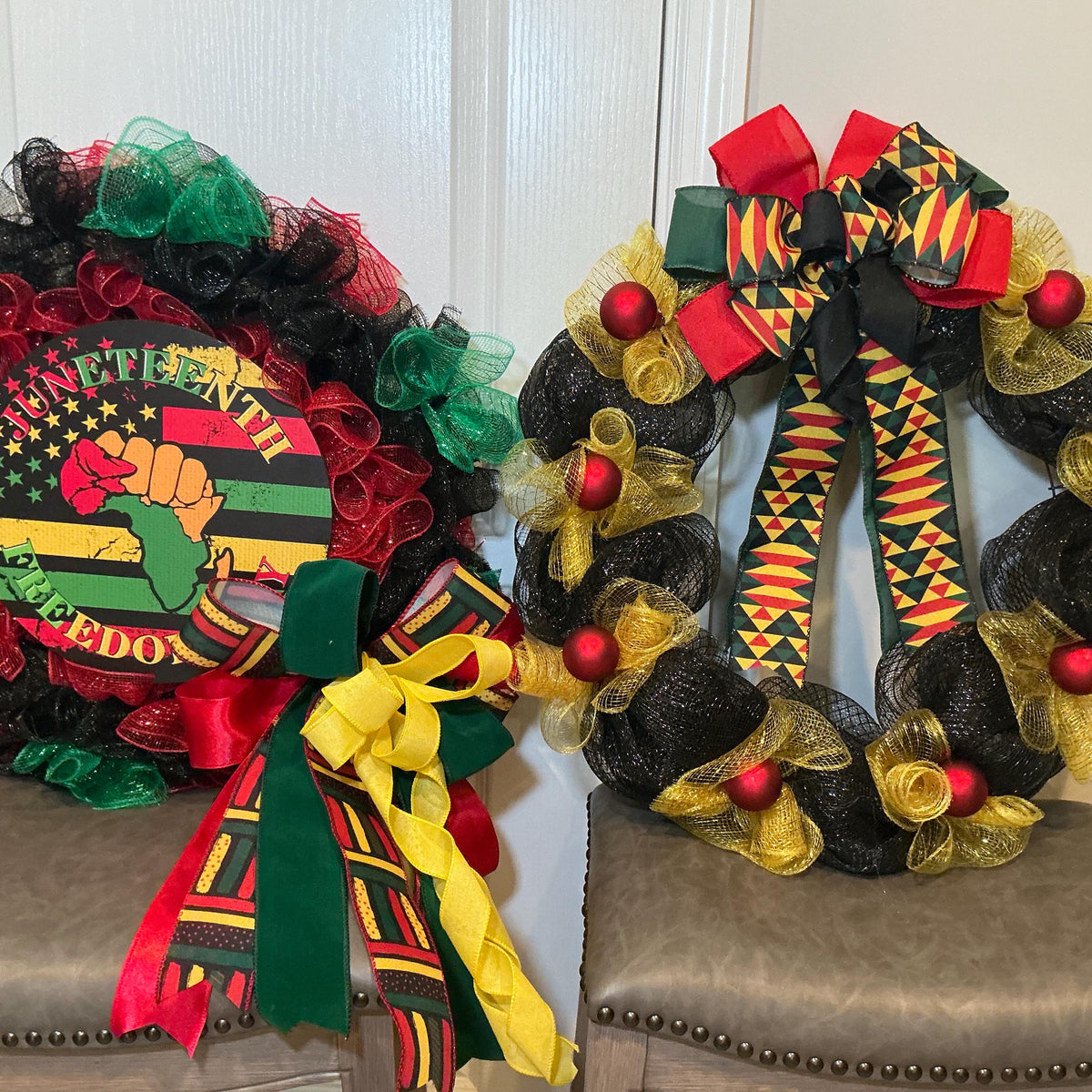 Juneteenth Bundle Set of 2, Freedom Day Sign Wreath and Kente Gold Wreath, Pan African Decor, Handmade Gift