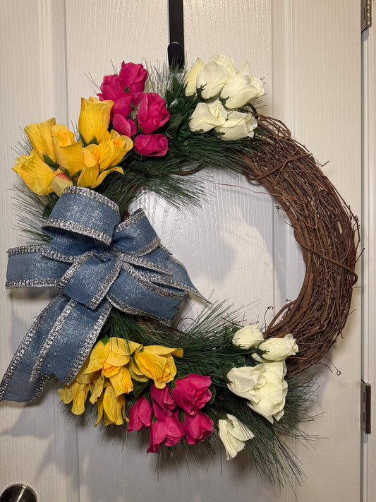 Floral Grapevine Wreath, Pink Yellow White Spring Decor, Blue Bow Farmhouse Style