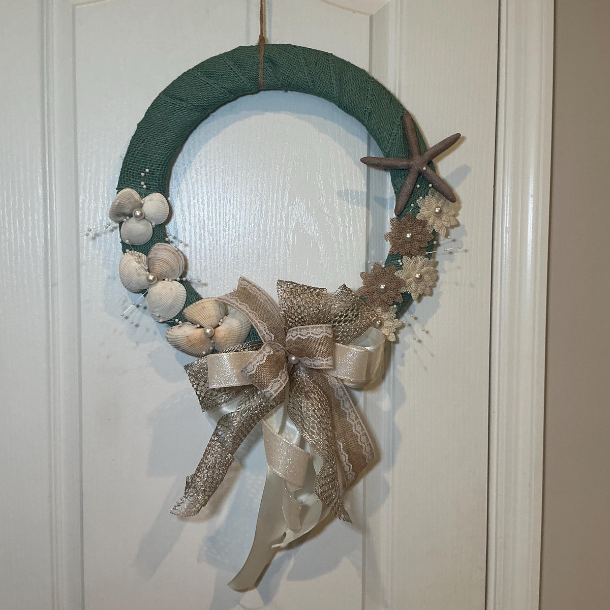 Coastal Wedding Wreath with Seashells, Starfish and Pearl Bow, Beach Bridal Decor