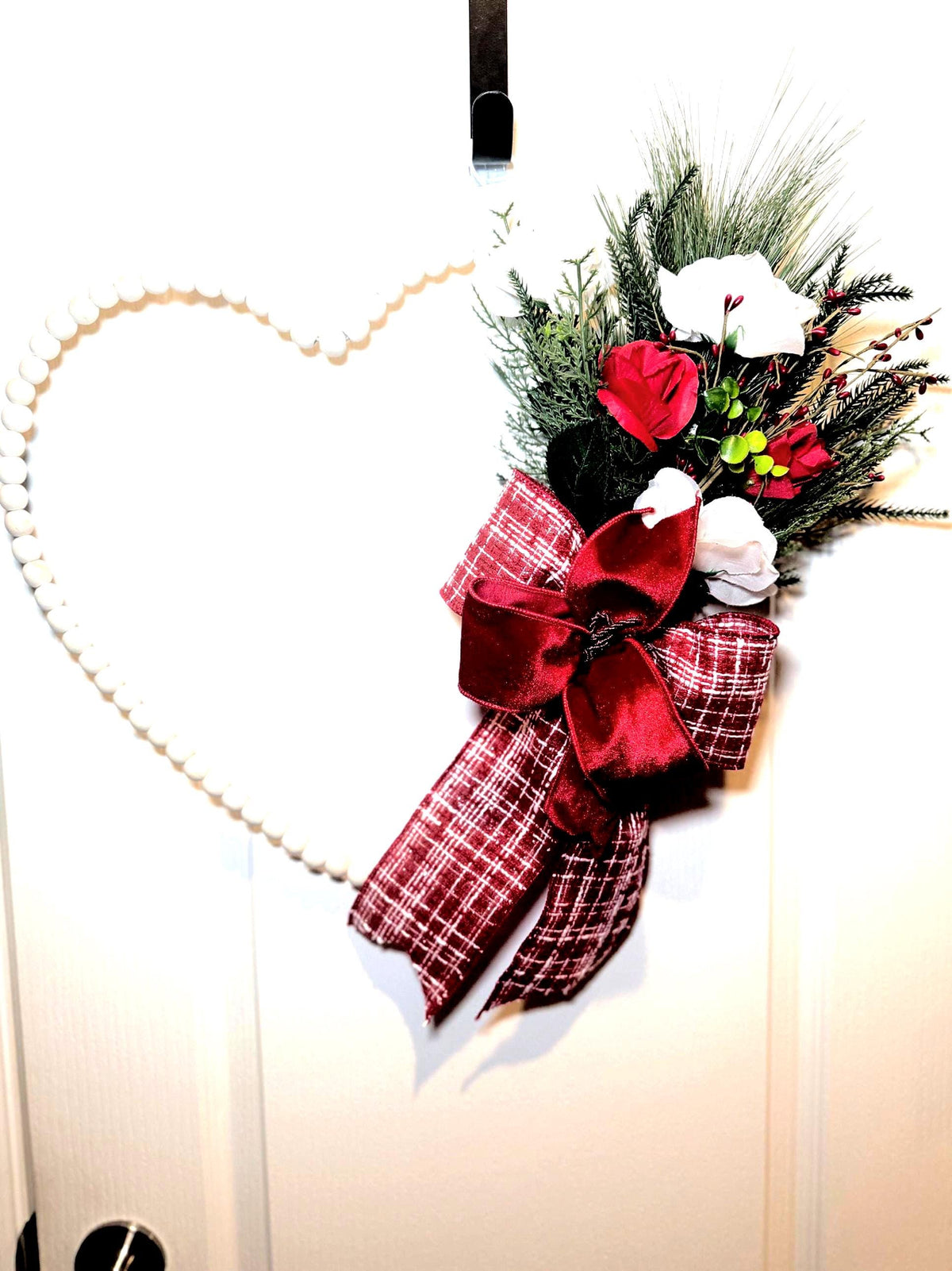 Valentine Heart Wreath with Red Velvet Bow and Silk Roses, Farmhouse Front Door Decor