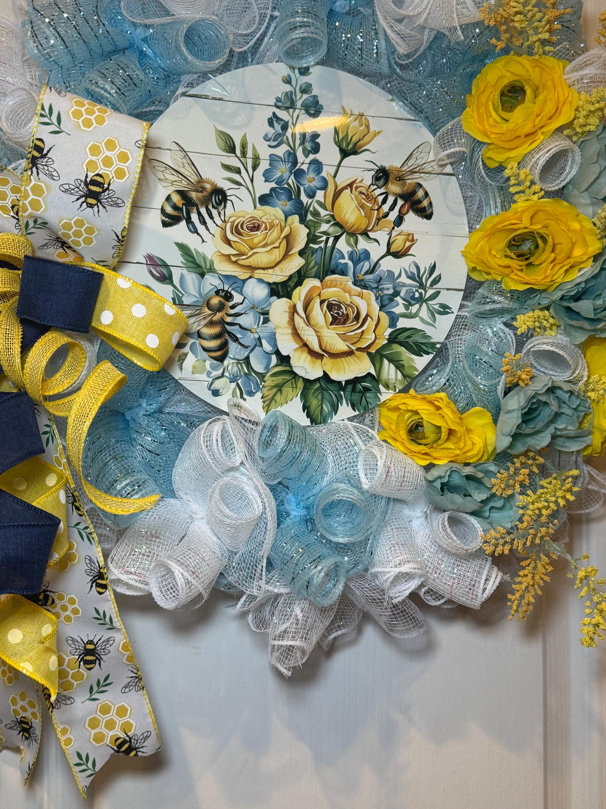 Bee Wreath for Front Door, Honeybee Floral Sign, Yellow Blue Summer Decor, Handmade