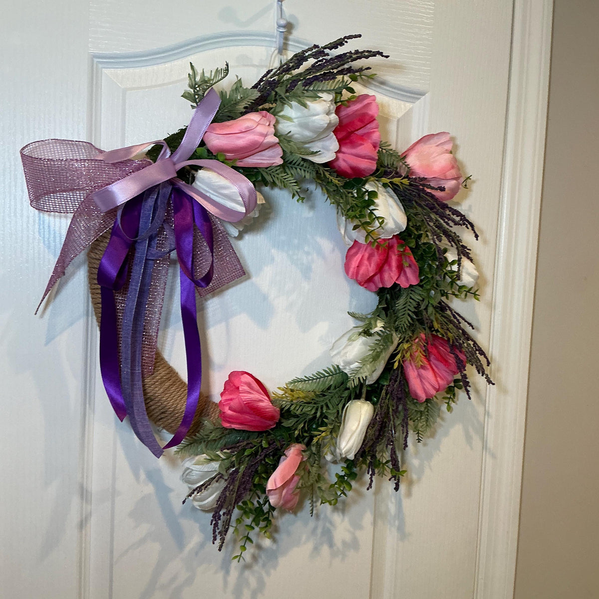 Handmade Tulip Wreath, 18 Inch Pink White Lavender Farmhouse Decor, Purple Ribbon Bow