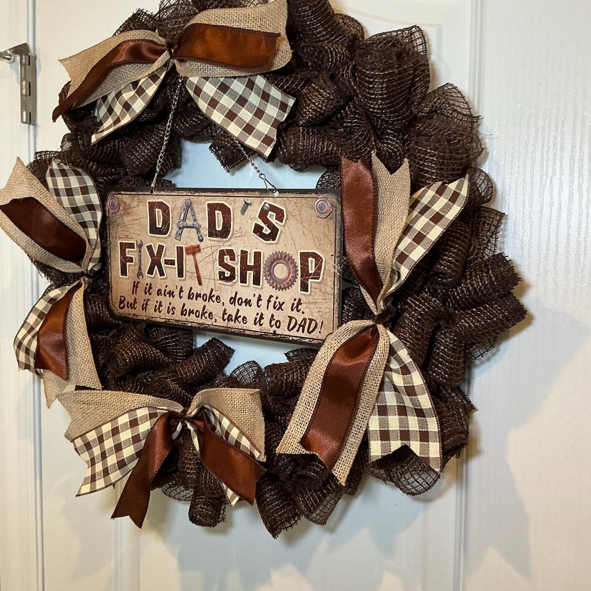 Fix-It Shop Sign Wreath, Dad’s Workshop Father’s Day Man Cave Decor, Handmade Brown Buffalo Check