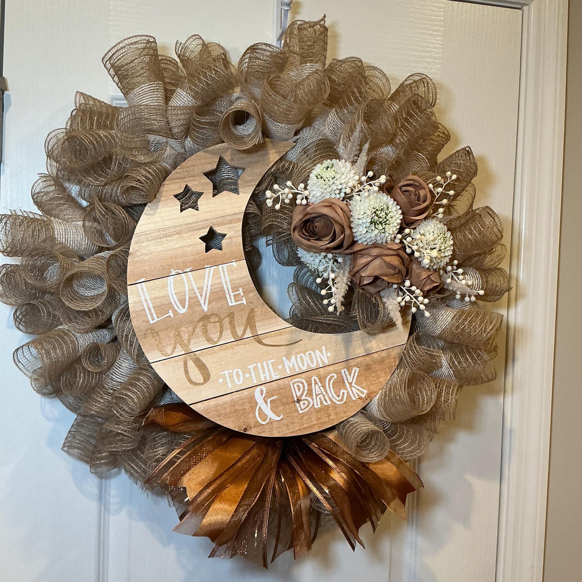 Love You to the Moon Wreath, Farmhouse Front Door Wreath, Burlap Wreath, Caramel Rose Wreath, Wood Moon Sign, Romantic Home Decor