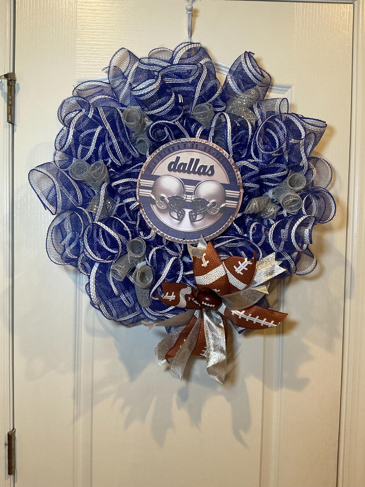Navy Silver Star Football Wreath with Helmet Sign, Game Day Man Cave Decor