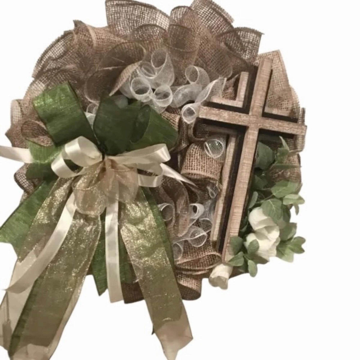 Rustic Burlap Cross Wreath, Farmhouse  Door Decor, White Florals, Green Bow