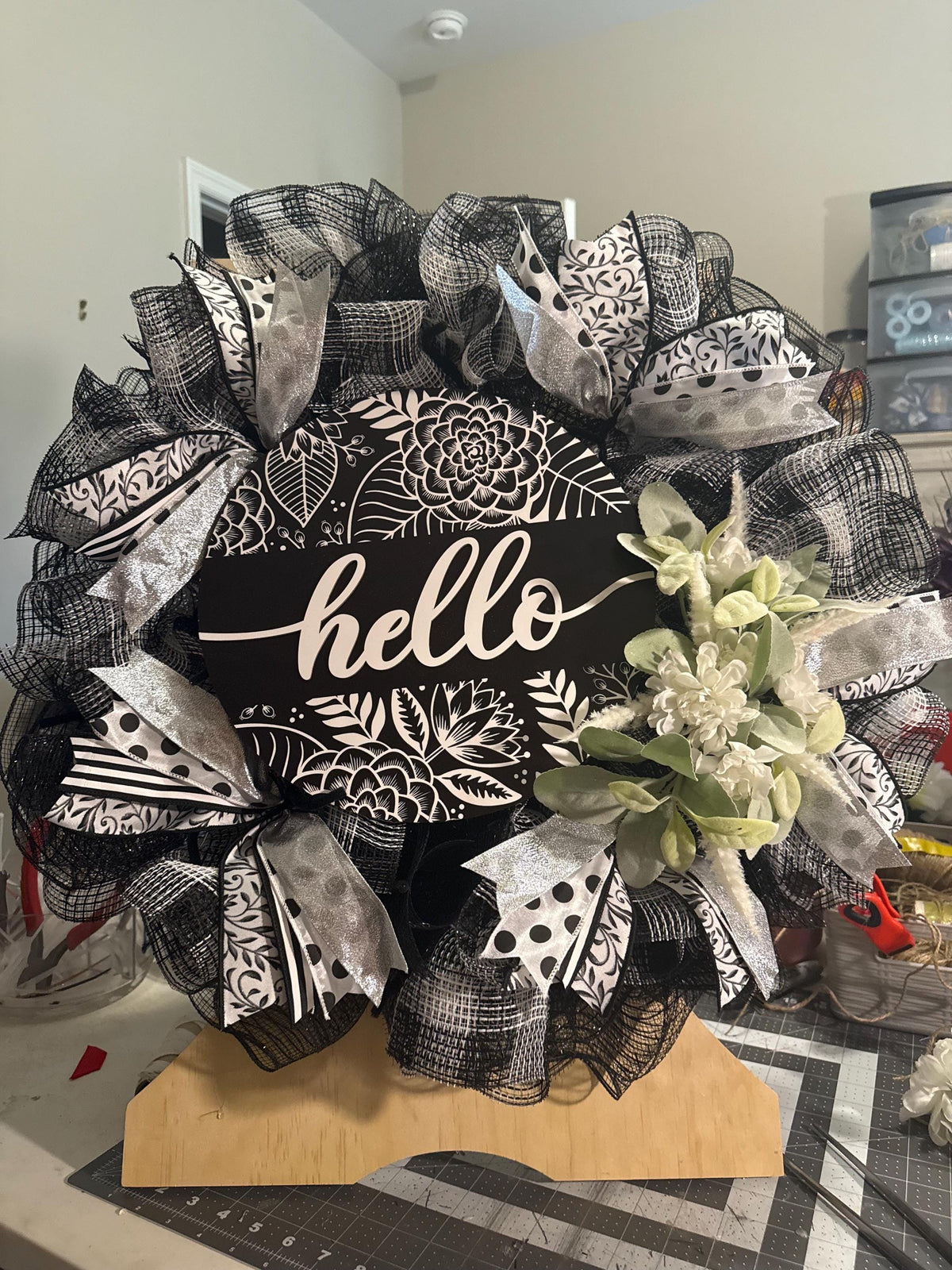 Black and White Hello Wreath with Silver Accents, Farmhouse Front Door Decor