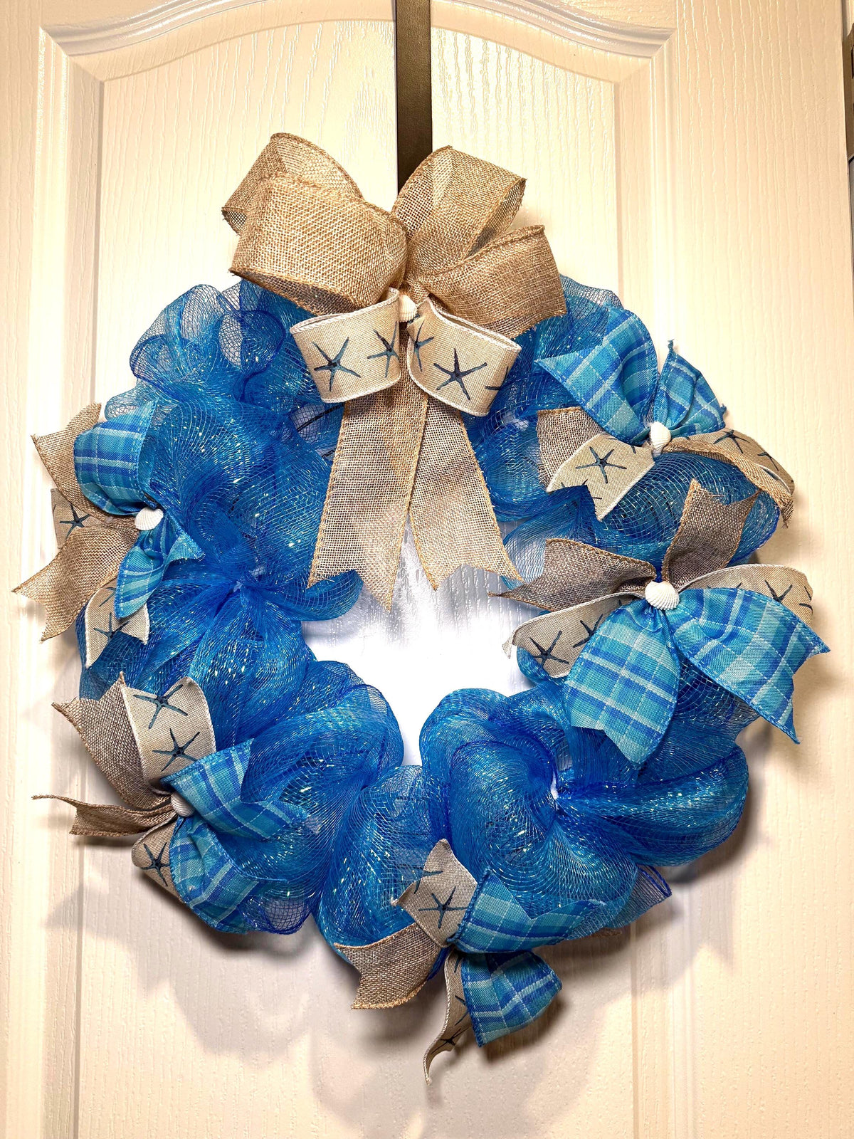 Blue Plaid Burlap Coastal Wreath, Starfish Beach Decor, Nautical Door Accent