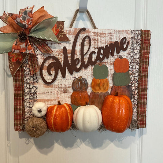 Pumpkin Welcome Sign, 16 x 12 Inch Rustic Wood Fall Door Hanger