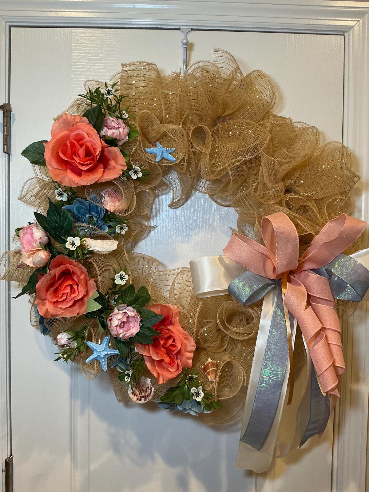 Gold Glitter Coastal Wreath, 18 Inch Dusty Blue Peach Florals with Seashells