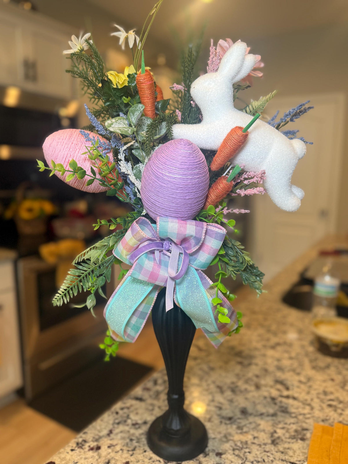 Handmade Pastel Easter Bunny Floral Centerpiece, Spring Decor Pedestal Arrangement